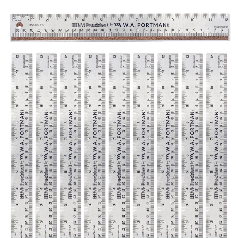 Breman Precision Metal Ruler 12 Inch Cork Back â€“ 10 Pk Stainless Steel Straight Edge, Flexible Non-Slip Metal Ruler with Cork Backing â€“ Imperial & Metric for Crafting, School, Workshop & Home Use - Image 1